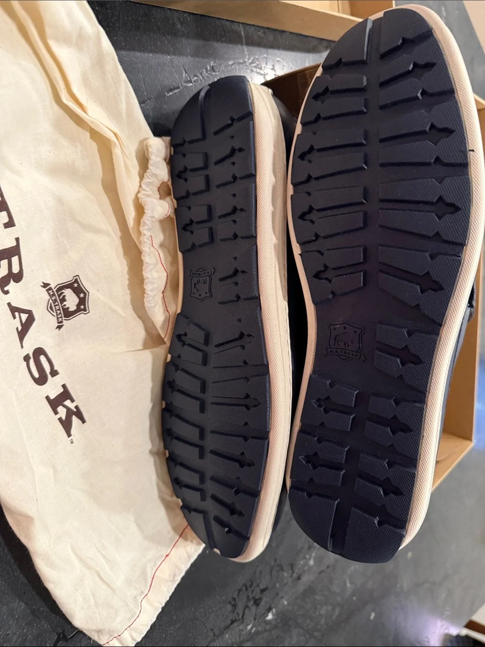 Trask Navy Leather Penny Loafers